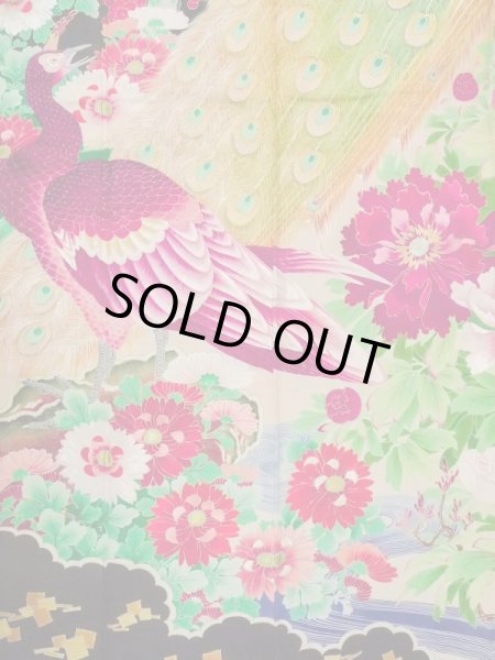 画像8: N0717E  女性用 振袖  シルク（正絹）   黒, ぼたん 【中古】 【USED】 【リサイクル】 ★★★☆☆ (8)