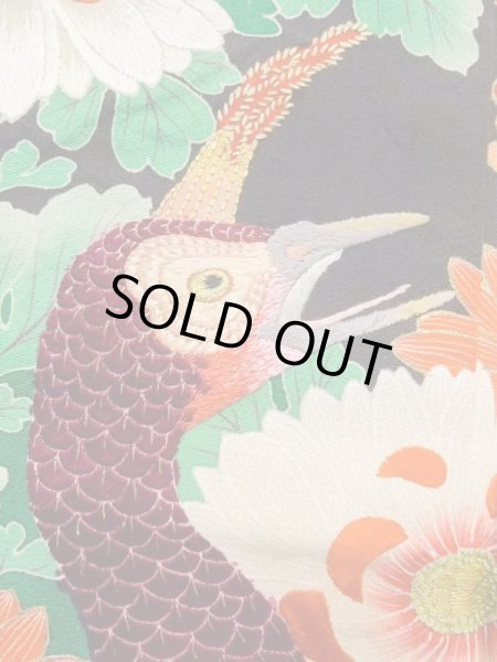 画像10: N0717E  女性用 振袖  シルク（正絹）   黒, ぼたん 【中古】 【USED】 【リサイクル】 ★★★☆☆ (10)