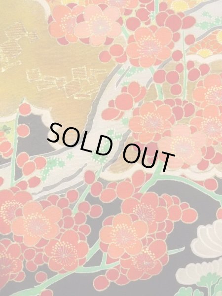 画像23: N0717E  女性用 振袖  シルク（正絹）   黒, ぼたん 【中古】 【USED】 【リサイクル】 ★★★☆☆ (23)