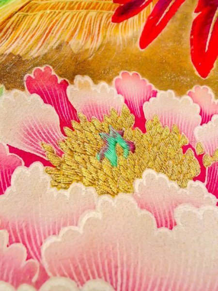 画像28: N0717E  女性用 振袖  シルク（正絹）   黒, ぼたん 【中古】 【USED】 【リサイクル】 ★★★☆☆ (28)