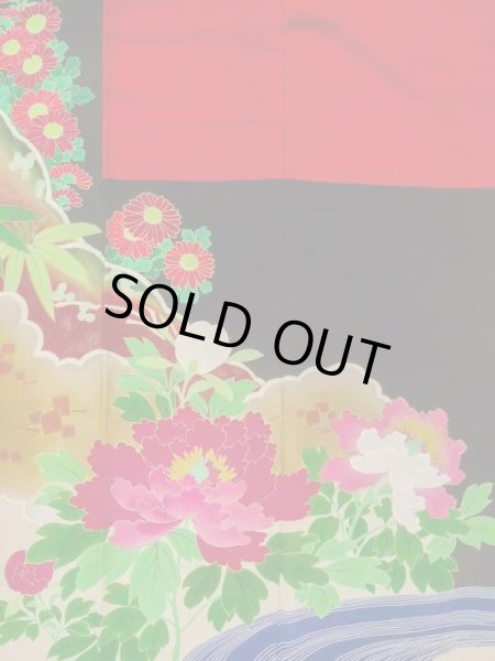 画像31: N0717E  女性用 振袖  シルク（正絹）   黒, ぼたん 【中古】 【USED】 【リサイクル】 ★★★☆☆ (31)