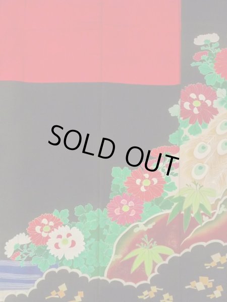 画像32: N0717E  女性用 振袖  シルク（正絹）   黒, ぼたん 【中古】 【USED】 【リサイクル】 ★★★☆☆ (32)