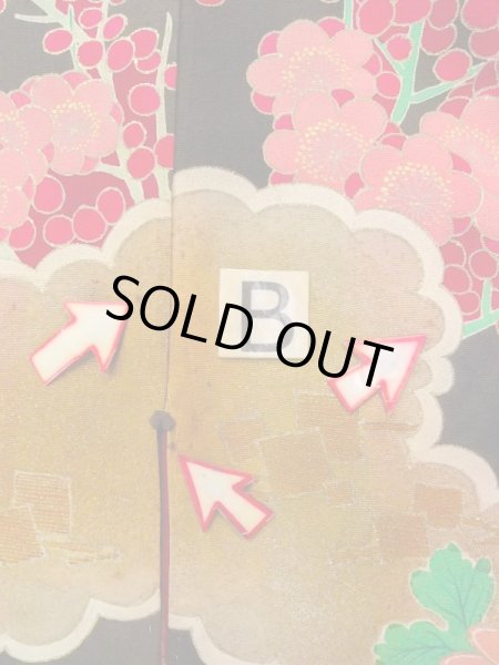 画像35: N0717E  女性用 振袖  シルク（正絹）   黒, ぼたん 【中古】 【USED】 【リサイクル】 ★★★☆☆ (35)