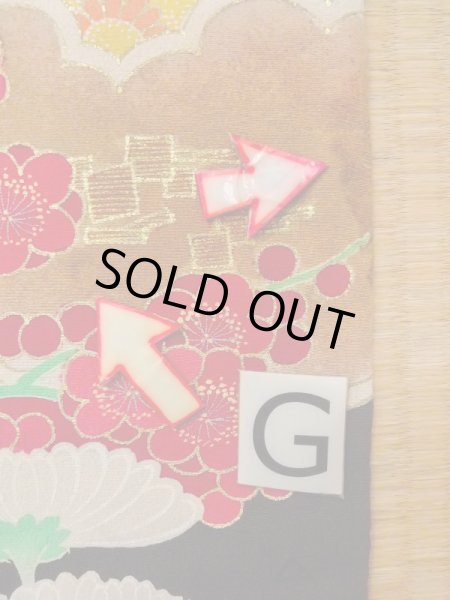 画像40: N0717E  女性用 振袖  シルク（正絹）   黒, ぼたん 【中古】 【USED】 【リサイクル】 ★★★☆☆ (40)