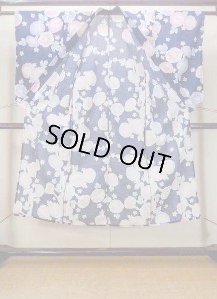 画像2: N0717F  女性用 浴衣（海外製） 朝顔柄、紅梅 綿   紺, 花 【中古】 【USED】 【リサイクル】 ★☆☆☆☆ (2)