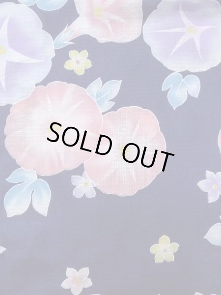 画像3: N0717F  女性用 浴衣（海外製） 朝顔柄、紅梅 綿   紺, 花 【中古】 【USED】 【リサイクル】 ★☆☆☆☆ (3)