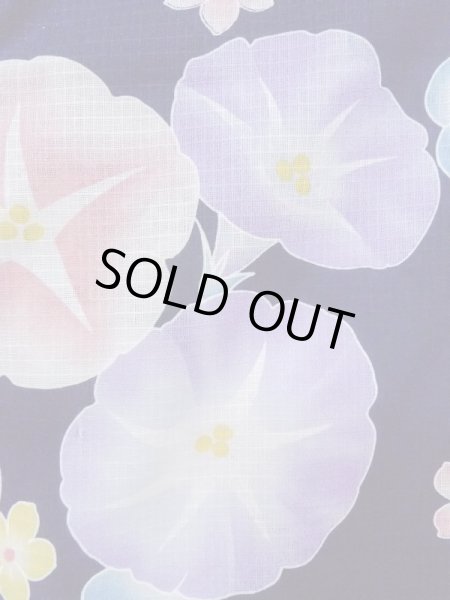 画像6: N0717F  女性用 浴衣（海外製） 朝顔柄、紅梅 綿   紺, 花 【中古】 【USED】 【リサイクル】 ★☆☆☆☆ (6)