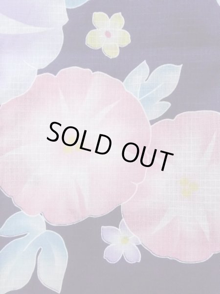 画像7: N0717F  女性用 浴衣（海外製） 朝顔柄、紅梅 綿   紺, 花 【中古】 【USED】 【リサイクル】 ★☆☆☆☆ (7)