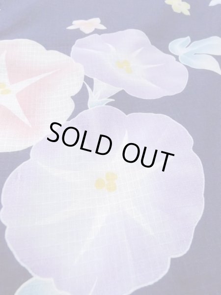 画像8: N0717F  女性用 浴衣（海外製） 朝顔柄、紅梅 綿   紺, 花 【中古】 【USED】 【リサイクル】 ★☆☆☆☆ (8)