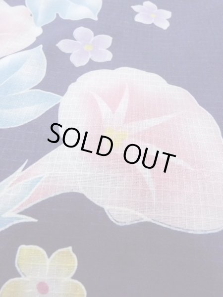 画像9: N0717F  女性用 浴衣（海外製） 朝顔柄、紅梅 綿   紺, 花 【中古】 【USED】 【リサイクル】 ★☆☆☆☆ (9)