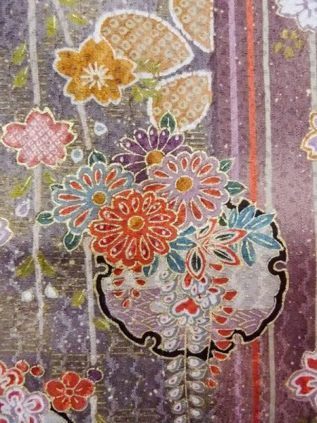 画像6: N0717K  女性用 小紋  シルク(正絹)  灰色がかった マルチカラー, 桜 【中古】 【USED】 【リサイクル】 ★★★☆☆ (6)