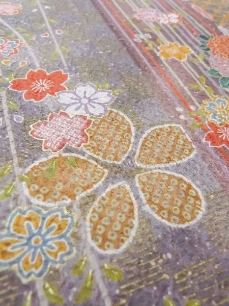 画像10: N0717K  女性用 小紋  シルク(正絹)  灰色がかった マルチカラー, 桜 【中古】 【USED】 【リサイクル】 ★★★☆☆ (10)