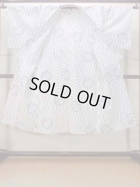 画像2: N0731H  浴衣（日本製）  綿   藍, 扇 【中古】 【USED】 【リサイクル】 ★★☆☆☆ (2)