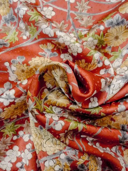 画像11: N0814Q  女性用 小紋  シルク(正絹)  淡い 朱赤, 菊 【中古】 【USED】 【リサイクル】 ★★★☆☆ (11)