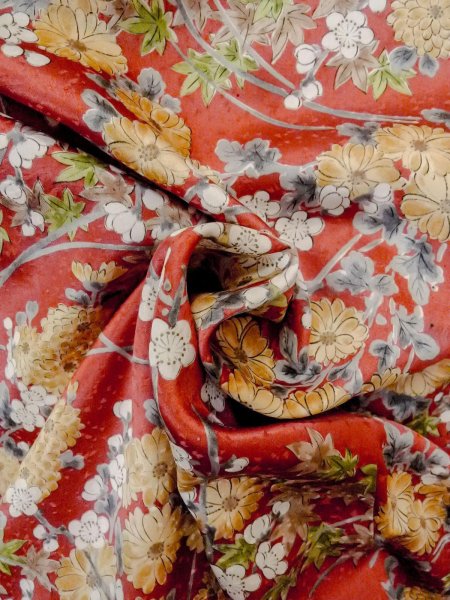 画像12: N0814Q  女性用 小紋  シルク(正絹)  淡い 朱赤, 菊 【中古】 【USED】 【リサイクル】 ★★★☆☆ (12)