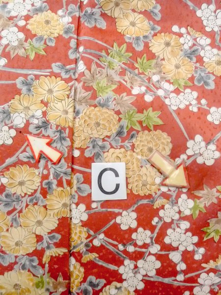 画像16: N0814Q  女性用 小紋  シルク(正絹)  淡い 朱赤, 菊 【中古】 【USED】 【リサイクル】 ★★★☆☆ (16)