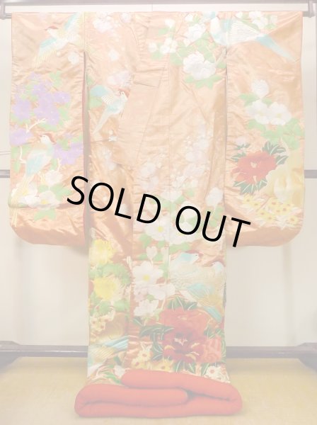 画像2: N0827C  女性用 打掛  シルク(正絹)  光沢のある 橙色, ぼたん 【中古】 【USED】 【リサイクル】 ★★★☆☆ (2)