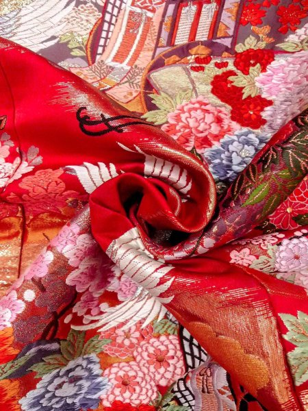 画像38: N0827L Mint  女性用 打掛 メタル糸 シルク（正絹）   赤色, 桜 【中古】 【USED】 【リサイクル】 ★★★★☆ (38)