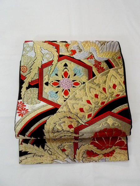 画像2: N0913A 袋帯 女性用着物 シルク(正絹)   黒 花 【中古】 【USED】 【リサイクル】 ★★★★☆ (2)
