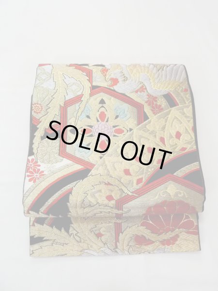 画像2: N0913A 袋帯 女性用着物 シルク（正絹）   黒 花 【中古】 【USED】 【リサイクル】 ★★★★☆ (2)