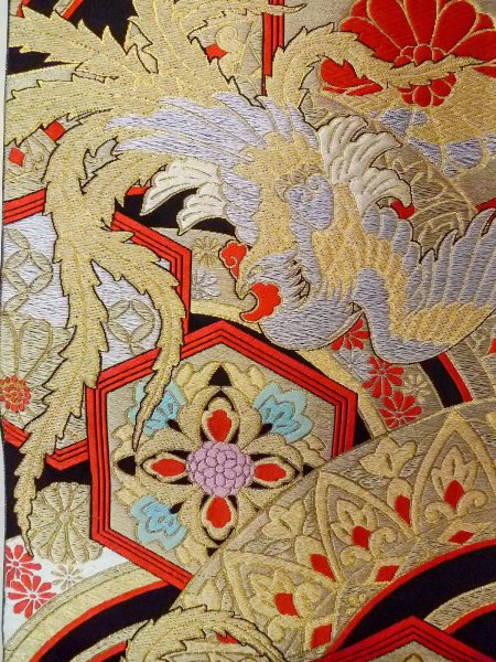 画像3: N0913A 袋帯 女性用着物 シルク(正絹)   黒 花 【中古】 【USED】 【リサイクル】 ★★★★☆ (3)
