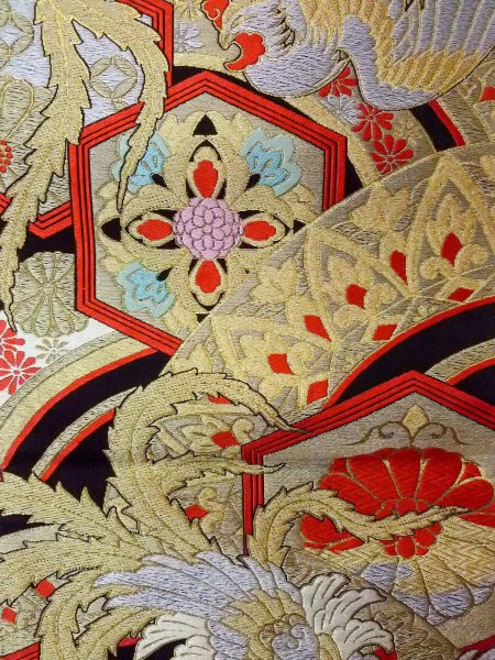 画像4: N0913A 袋帯 女性用着物 シルク(正絹)   黒 花 【中古】 【USED】 【リサイクル】 ★★★★☆ (4)