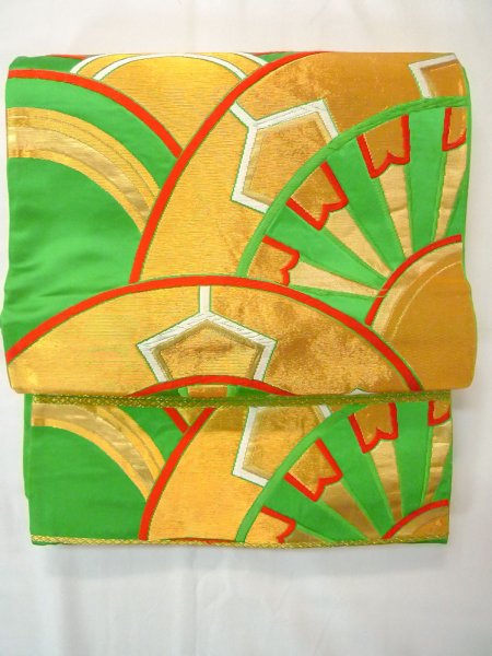 画像2: N0913C 袋帯 女性用着物 シルク(正絹)  光沢のある 緑色 車輪 【中古】 【USED】 【リサイクル】 ★★★★☆ (2)