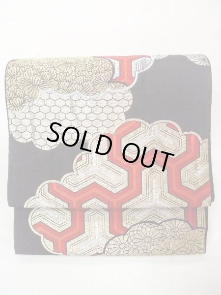 画像2: N0913E 袋帯 女性用着物 シルク（正絹）   黒 ぼたん 【中古】 【USED】 【リサイクル】 ★★★☆☆ (2)