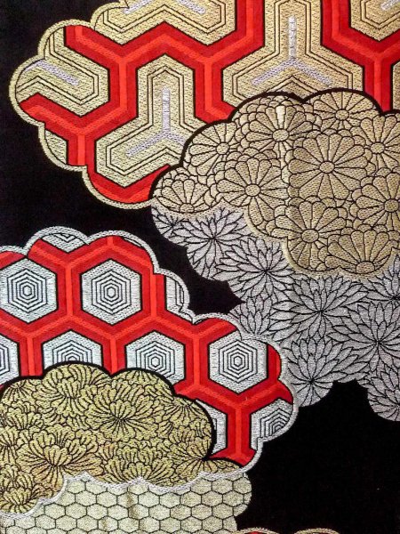 画像3: N0913E 袋帯 女性用着物 シルク(正絹)   黒 ぼたん 【中古】 【USED】 【リサイクル】 ★★★☆☆ (3)