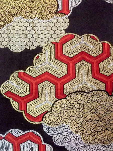 画像4: N0913E 袋帯 女性用着物 シルク(正絹)   黒 ぼたん 【中古】 【USED】 【リサイクル】 ★★★☆☆ (4)