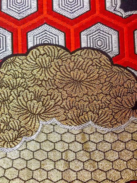 画像6: N0913E 袋帯 女性用着物 シルク(正絹)   黒 ぼたん 【中古】 【USED】 【リサイクル】 ★★★☆☆ (6)