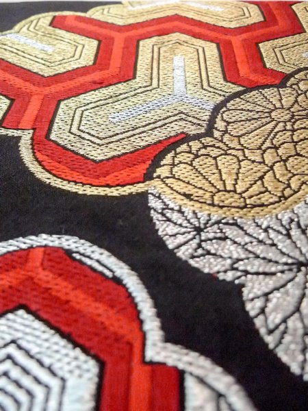 画像8: N0913E 袋帯 女性用着物 シルク(正絹)   黒 ぼたん 【中古】 【USED】 【リサイクル】 ★★★☆☆ (8)