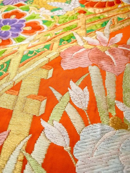 画像11: N0913G 袋帯 女性用着物 シルク(正絹)  鮮やか 橙色 桐 【中古】 【USED】 【リサイクル】 ★★★★☆ (11)