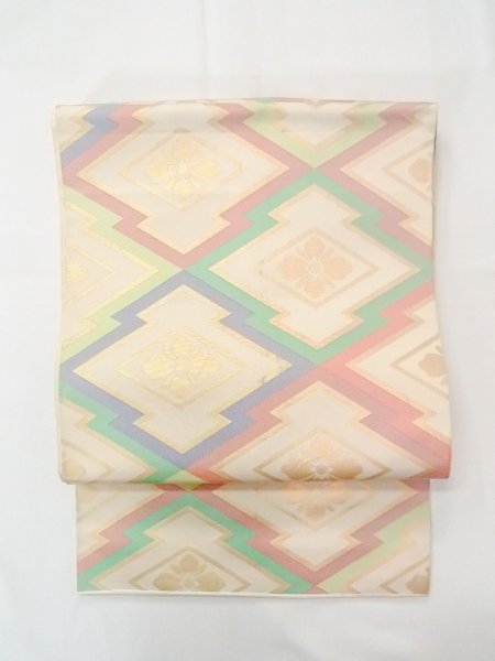 画像2: N0913H 袋帯 女性用着物 シルク（正絹）  淡い ベージュ 松皮菱 【中古】 【USED】 【リサイクル】 ★★☆☆☆ (2)