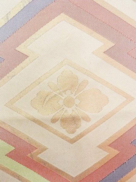 画像5: N0913H 袋帯 女性用着物 シルク（正絹）  淡い ベージュ 松皮菱 【中古】 【USED】 【リサイクル】 ★★☆☆☆ (5)