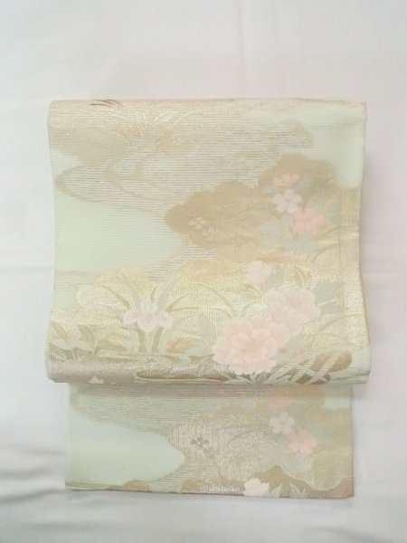 画像2: N0913I 袋帯 女性用着物 シルク（正絹）  淡い 緑色 ぼたん 【中古】 【USED】 【リサイクル】 ★★★★☆ (2)