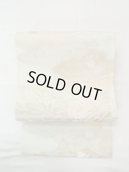 画像2: N0913I 袋帯 女性用着物 シルク（正絹）  淡い 緑色 ぼたん 【中古】 【USED】 【リサイクル】 ★★★★☆ (2)