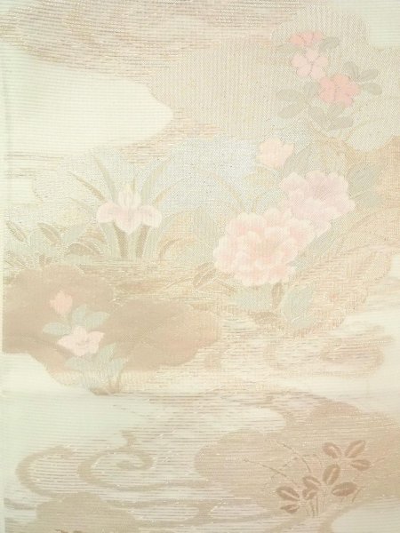 画像3: N0913I 袋帯 女性用着物 シルク（正絹）  淡い 緑色 ぼたん 【中古】 【USED】 【リサイクル】 ★★★★☆ (3)