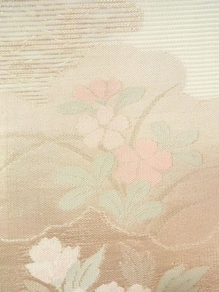 画像6: N0913I 袋帯 女性用着物 シルク（正絹）  淡い 緑色 ぼたん 【中古】 【USED】 【リサイクル】 ★★★★☆ (6)