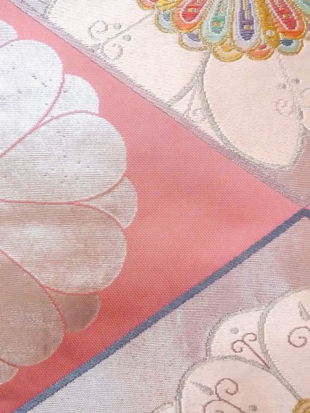 画像7: N0913J 袋帯 女性用着物 シルク（正絹）   桃色 花 【中古】 【USED】 【リサイクル】 ★★★☆☆ (7)