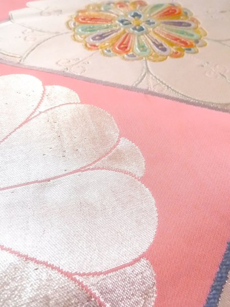 画像12: N0913J 袋帯 女性用着物 シルク（正絹）   桃色 花 【中古】 【USED】 【リサイクル】 ★★★☆☆ (12)