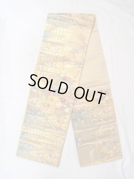 画像1: N0913L 袋帯 女性用着物 シルク（正絹）  光沢のある 金色 ぼたん 【中古】 【USED】 【リサイクル】 ★★★★☆ (1)