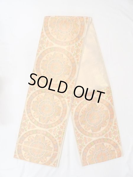 画像1: N0913O 袋帯 女性用着物 シルク（正絹）  光沢のある 橙色 唐花 【中古】 【USED】 【リサイクル】 ★★★★☆ (1)