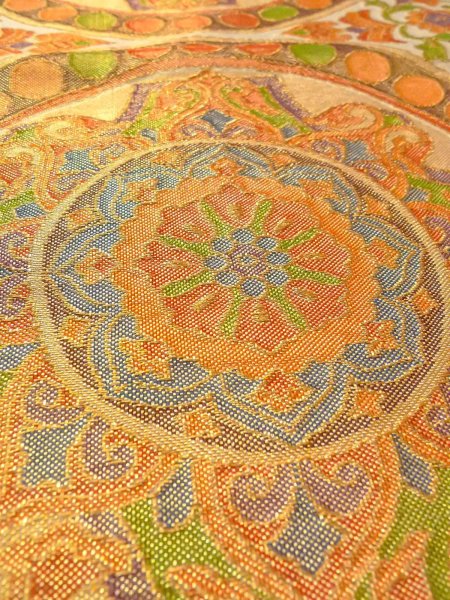 画像8: N0913O 袋帯 女性用着物 シルク(正絹)  光沢のある 橙色 唐花 【中古】 【USED】 【リサイクル】 ★★★★☆ (8)