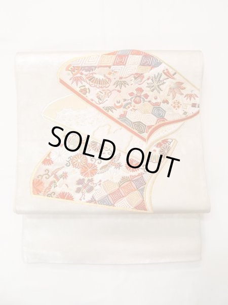 画像2: N0913T 袋帯 女性用着物 シルク(正絹)  光沢のある 銀色 菊 【中古】 【USED】 【リサイクル】 ★★☆☆☆ (2)