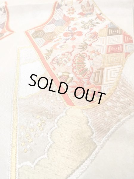 画像12: N0913T 袋帯 女性用着物 シルク(正絹)  光沢のある 銀色 菊 【中古】 【USED】 【リサイクル】 ★★☆☆☆ (12)