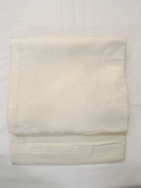 画像2: N0913X 袋帯 女性用着物 シルク(正絹) 薄い 灰色がかった オフ ホワイト 菊 【中古】 【USED】 【リサイクル】 ★★☆☆☆ (2)
