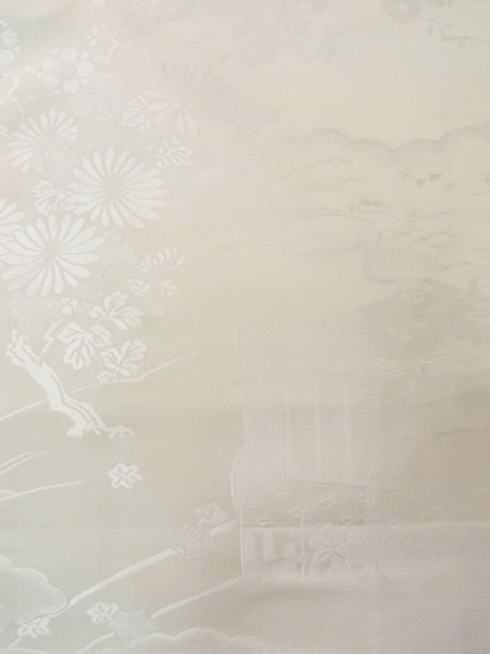 画像3: N0913X 袋帯 女性用着物 シルク(正絹) 薄い 灰色がかった オフ ホワイト 菊 【中古】 【USED】 【リサイクル】 ★★☆☆☆ (3)