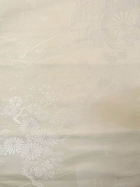 画像4: N0913X 袋帯 女性用着物 シルク(正絹) 薄い 灰色がかった オフ ホワイト 菊 【中古】 【USED】 【リサイクル】 ★★☆☆☆ (4)