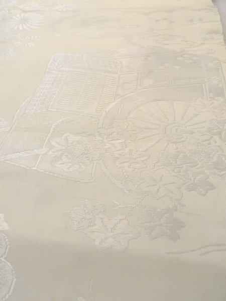 画像8: N0913X 袋帯 女性用着物 シルク(正絹) 薄い 灰色がかった オフ ホワイト 菊 【中古】 【USED】 【リサイクル】 ★★☆☆☆ (8)